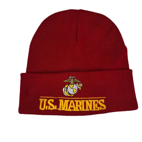 US Marines Red Beanie Hat With Yellow Embroidered Logo Windcatcher small mark - Picture 1 of 5